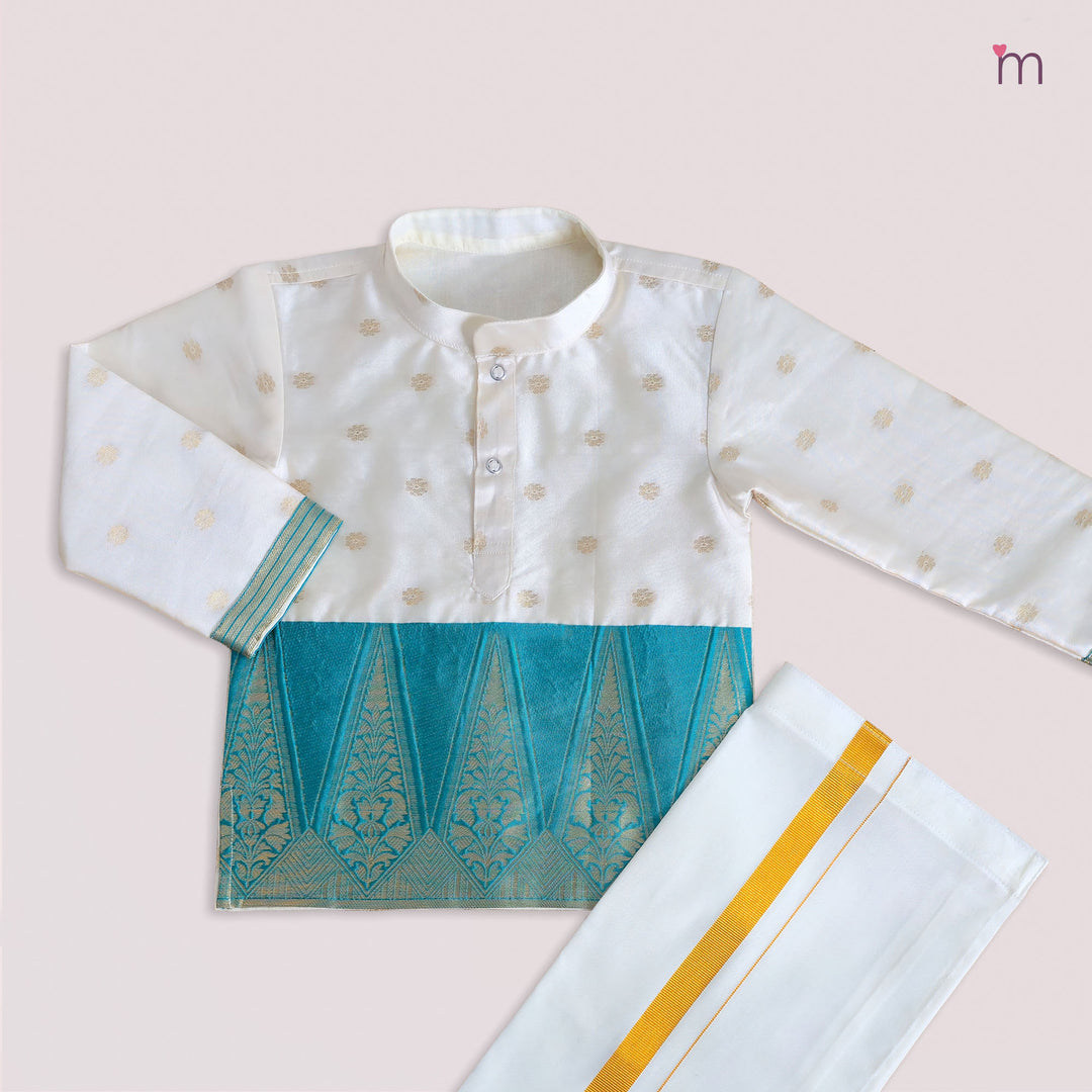 Mithran - Teal Halfwhite Kurta & Veshti set