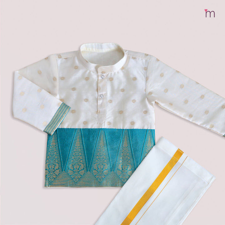 Mithran - Teal Halfwhite Kurta & Veshti set