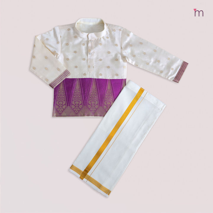 Mithran - Magenta Halfwhite Kurta & Veshti set