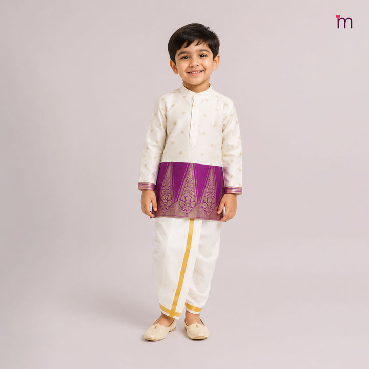 Mithran - Magenta Halfwhite Kurta & Veshti set