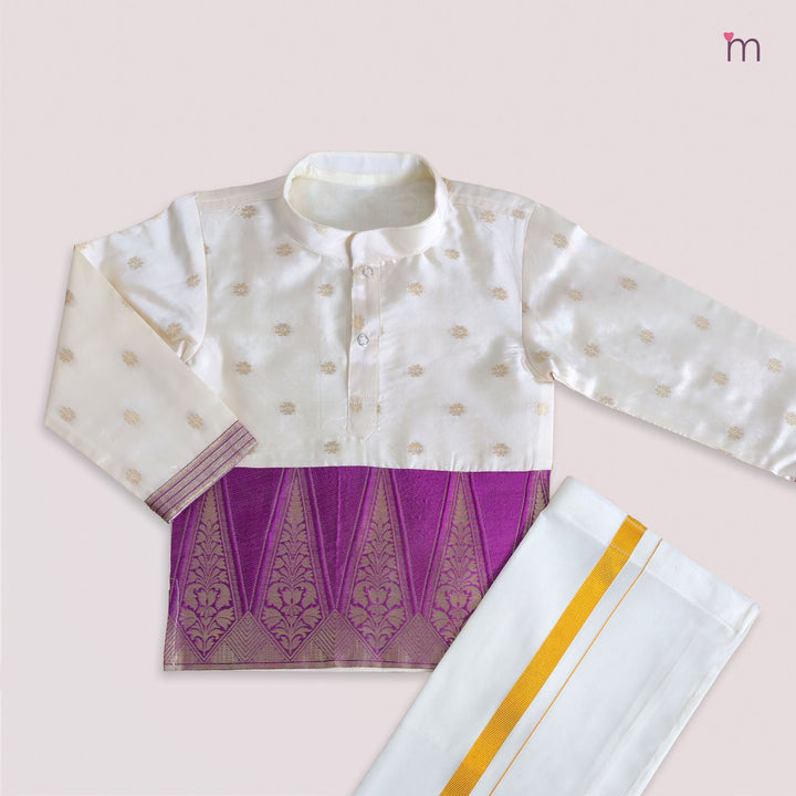 Mithran - Magenta Halfwhite Kurta & Veshti set