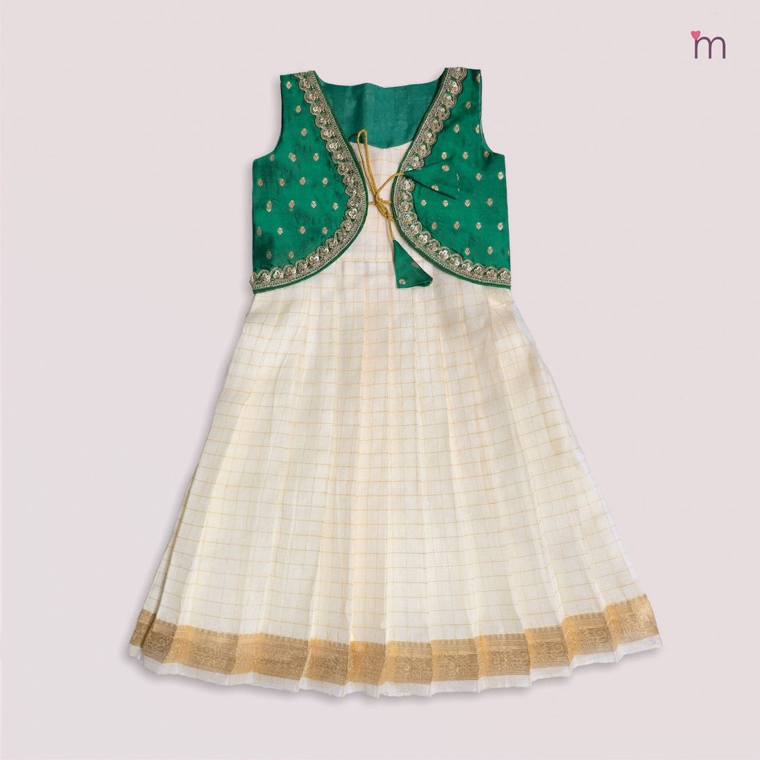 Sharmi - Green Halfwhite Checks 2 in 1 Designer MiniPattu