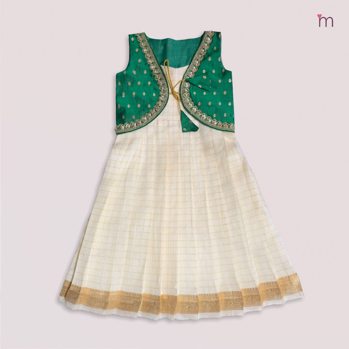 Sharmi - Green Halfwhite Checks 2 in 1 Designer MiniPattu