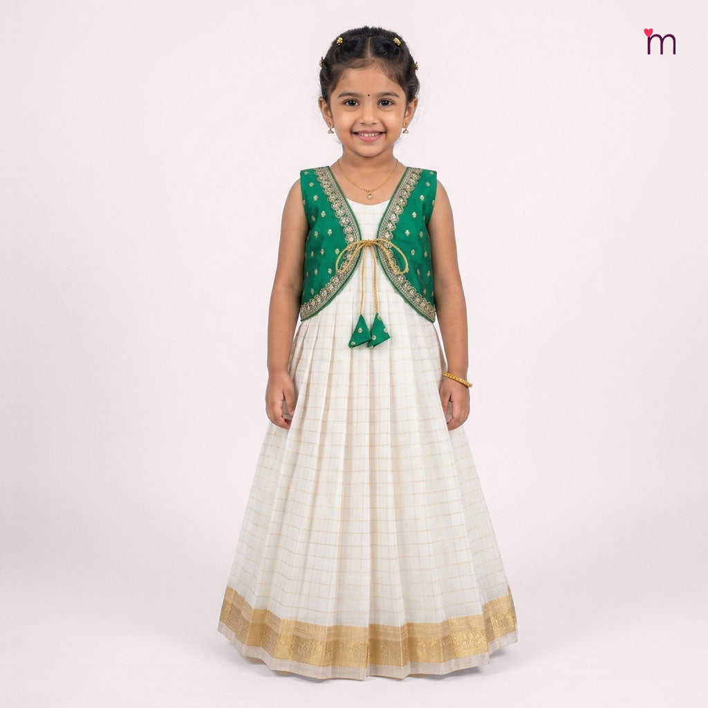 Sharmi - Green Halfwhite Checks 2 in 1 Designer MiniPattu
