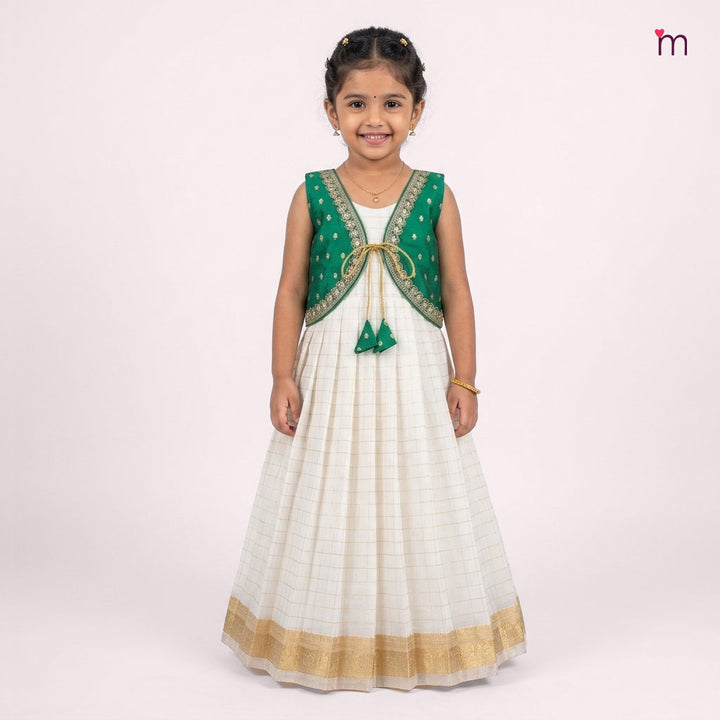 Sharmi - Green Halfwhite Checks 2 in 1 Designer MiniPattu