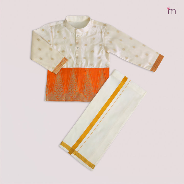 Mithran - Orange Halfwhite Kurta & Dhoti set