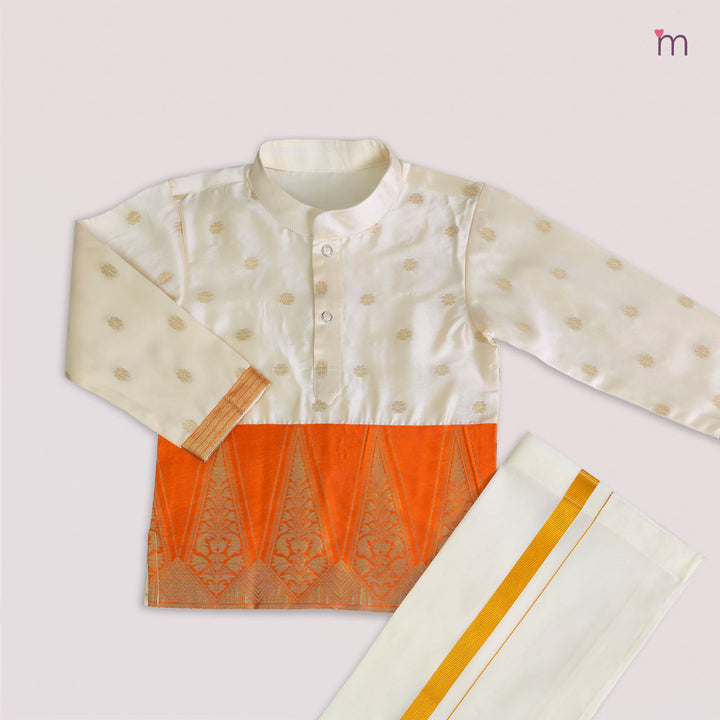 Mithran - Orange Halfwhite Kurta & Dhoti set