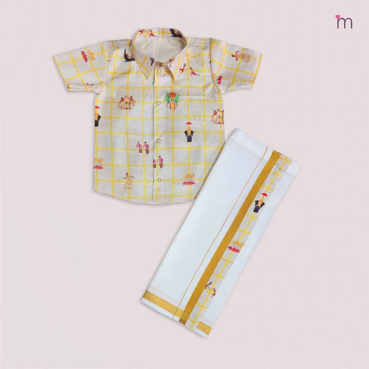 Maveli - Ivory Checks Shirt & Veshti Set