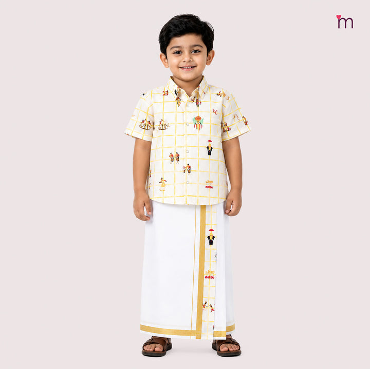 Maveli - Ivory Checks Shirt & Veshti Set