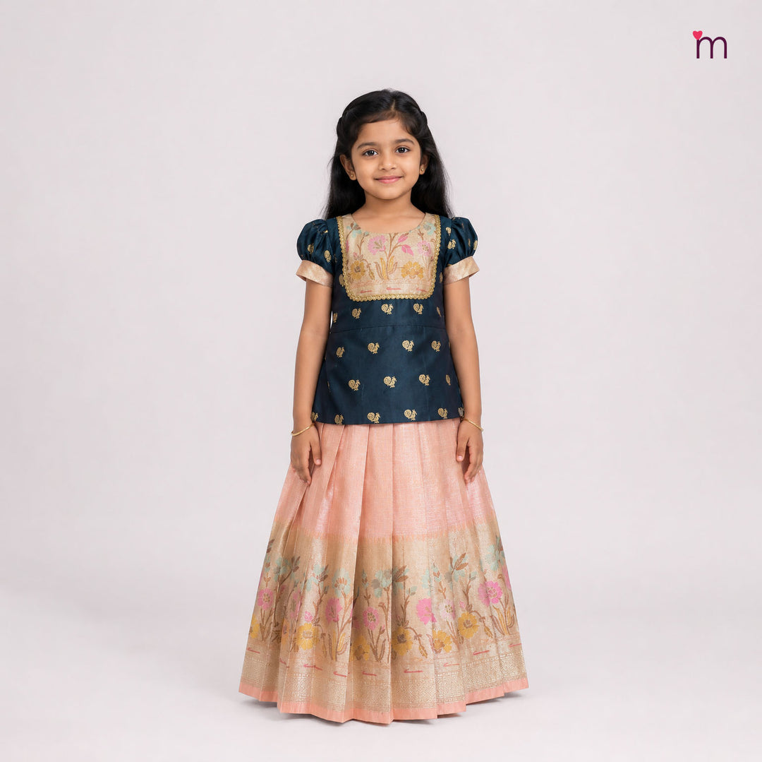 Varnika - Green Peach Pink Pattu Pavadai Minipattu