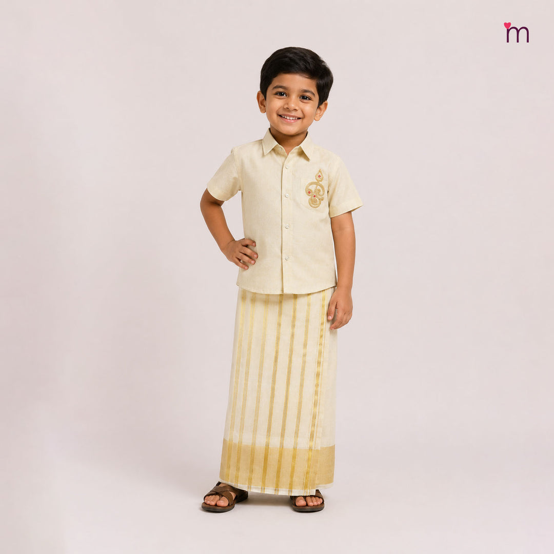 OM Half White Tissue Shirt & Veshti set