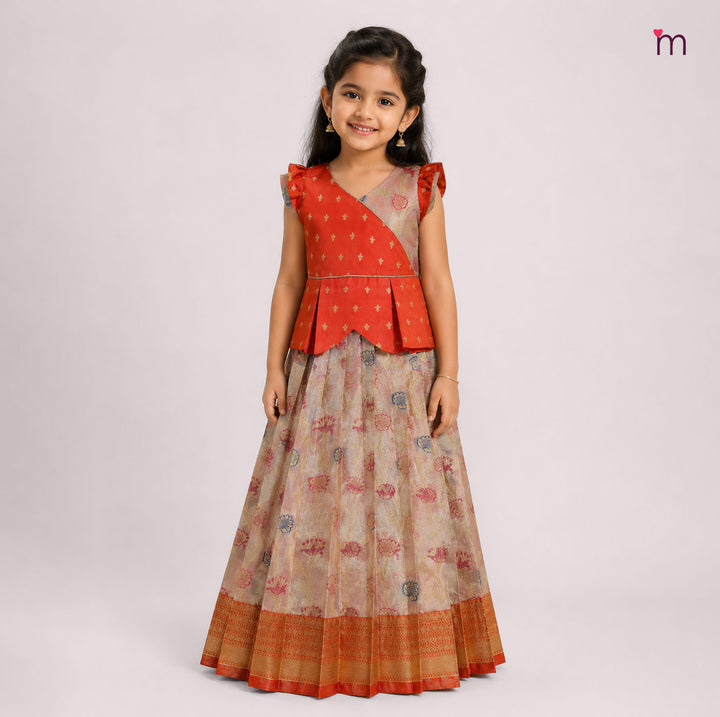 Sharvika - Rust Orange Peach Pattu Pavadai Minipattu