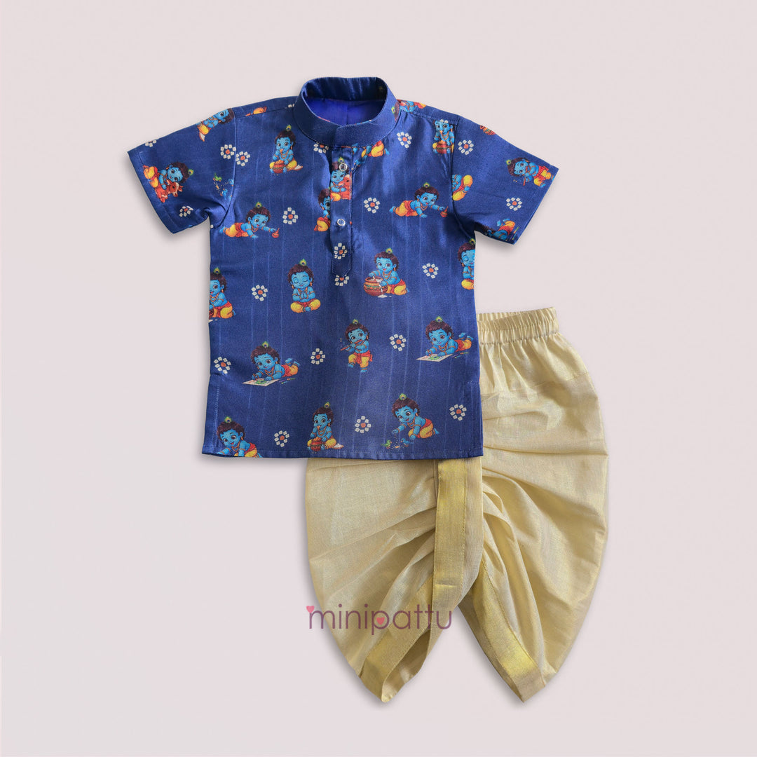 Little Krishna -Blue Printed Kurta & Dhothi set