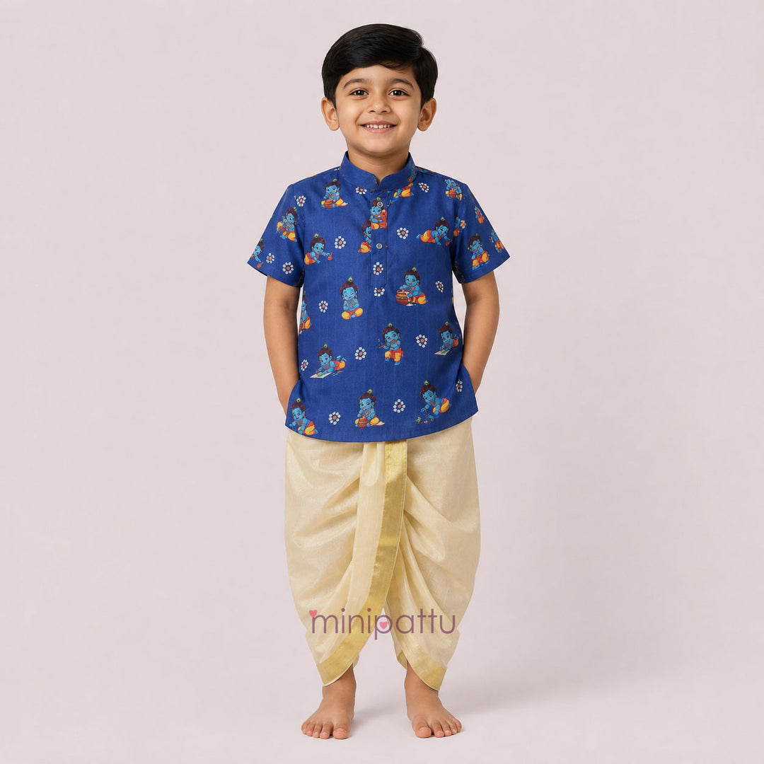 Little Krishna -Blue Printed Kurta & Dhothi set
