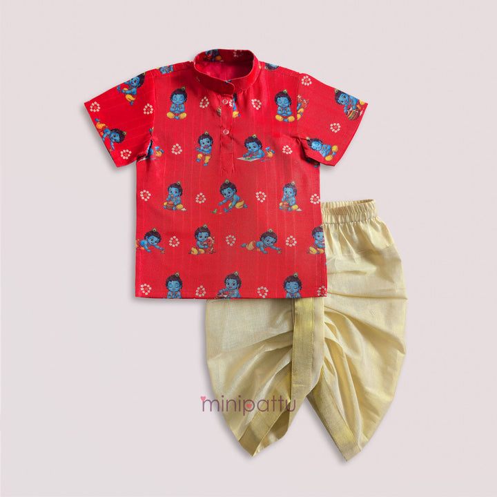 Little Krishna - Red Printed Kurta & Dhothi set