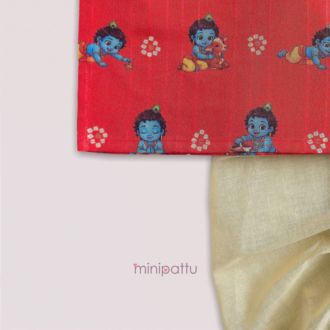 Little Krishna - Red Printed Kurta & Dhothi set