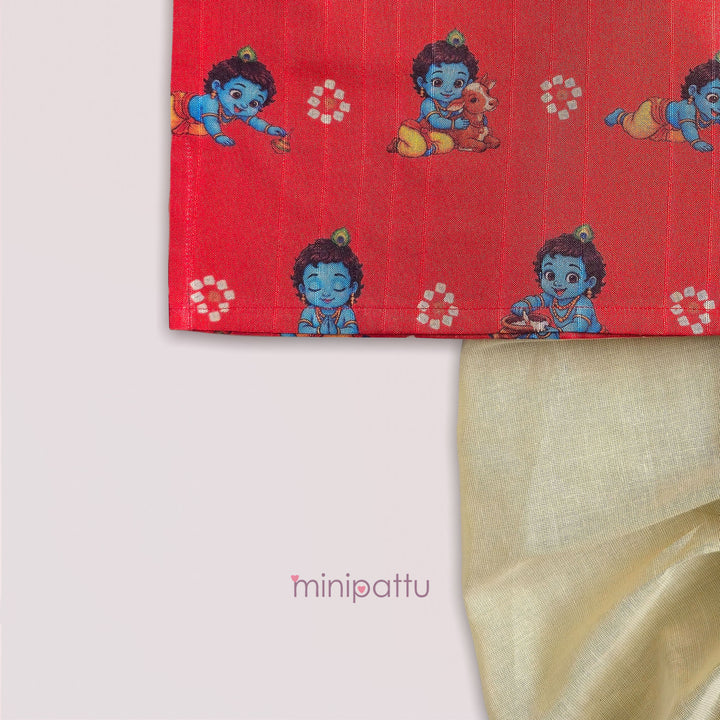 Little Krishna - Red Printed Kurta & Dhothi set