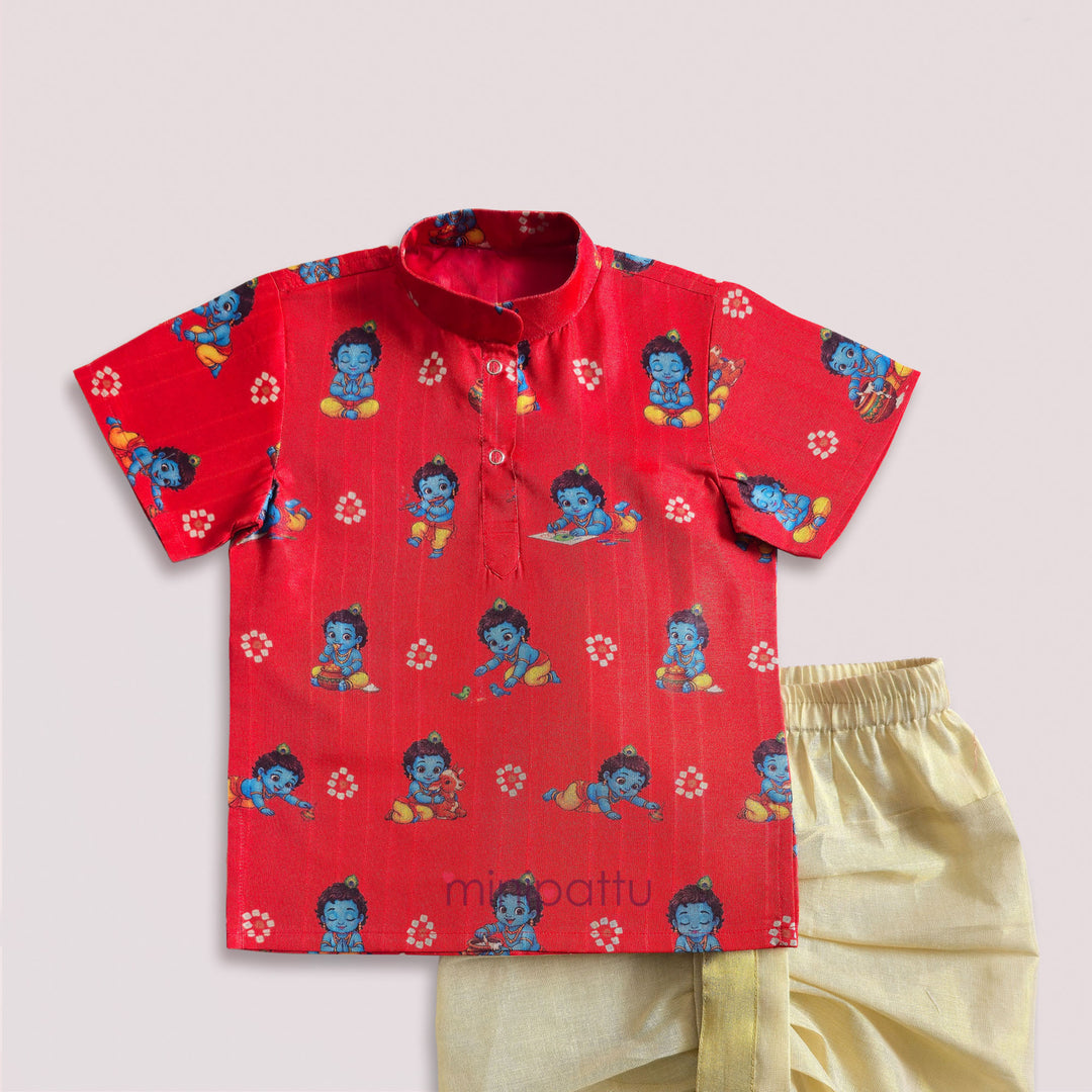 Little Krishna - Red Printed Kurta & Dhothi set