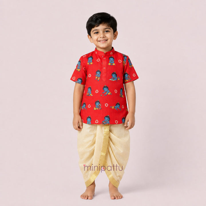 Little Krishna - Red Printed Kurta & Dhothi set