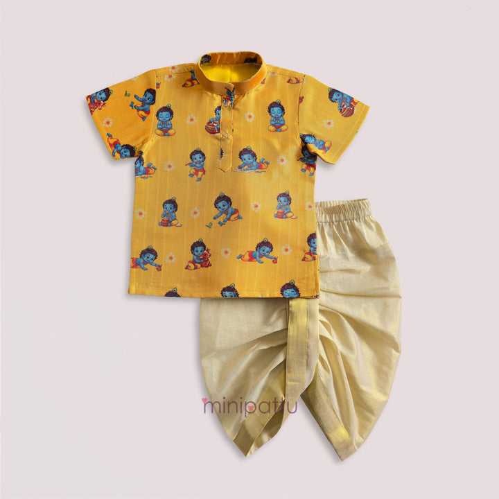 Little Krishna - Yellow Printed Kurta & Dhothi set