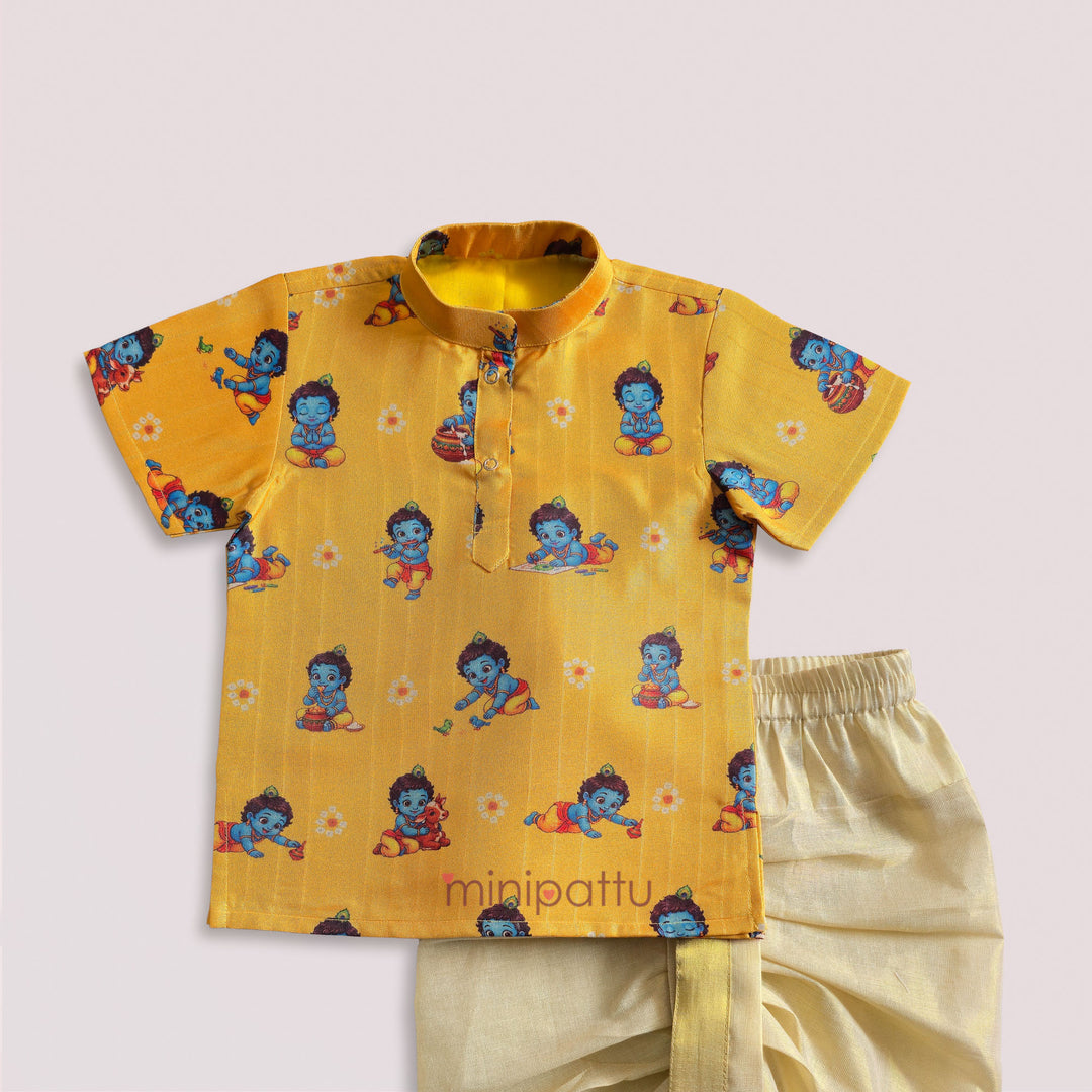 Little Krishna - Yellow Printed Kurta & Dhothi set