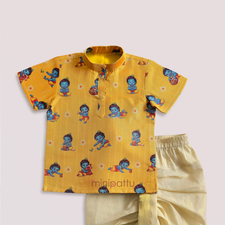 Little Krishna - Yellow Printed Kurta & Dhothi set