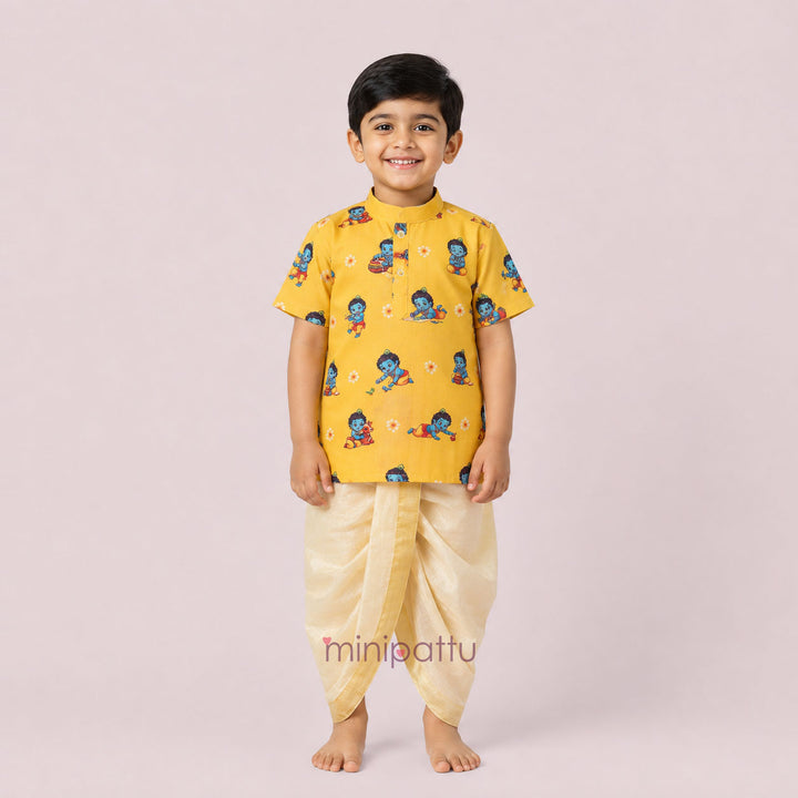 Little Krishna - Yellow Printed Kurta & Dhothi set