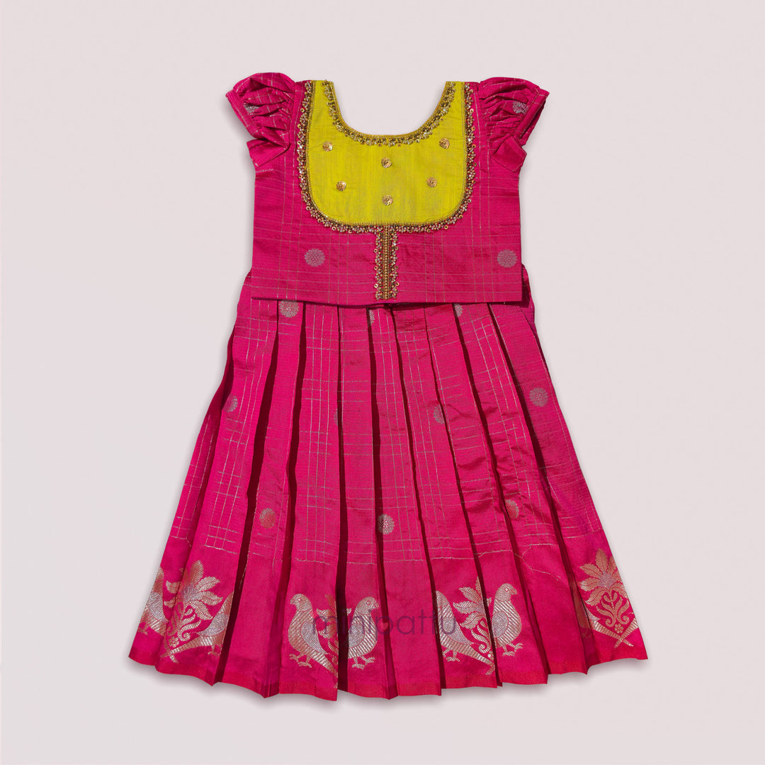 Sukriti - Pink Lemon Green Pattu Pavadai Minipattu