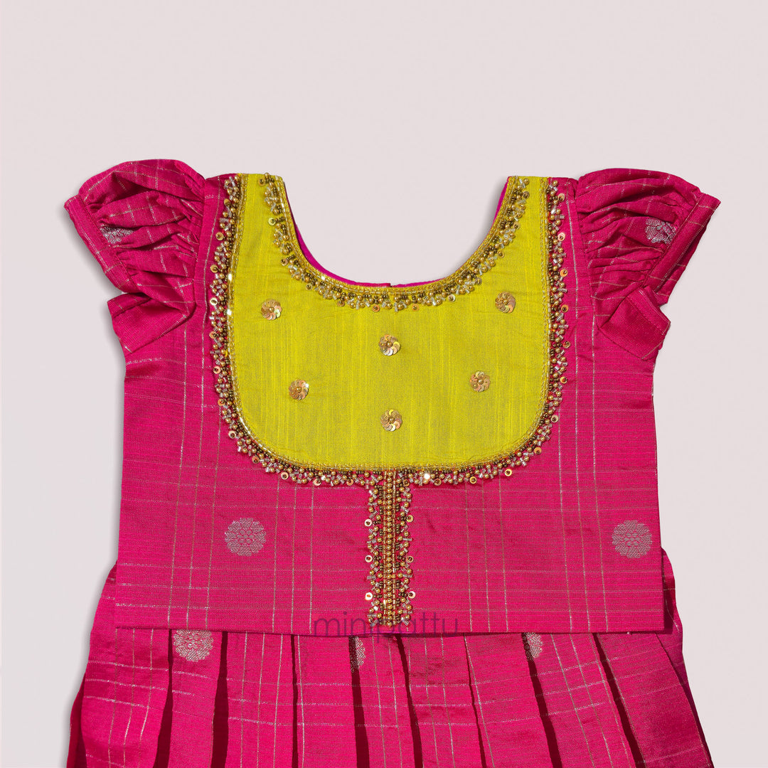 Sukriti - Pink Lemon Green Pattu Pavadai Minipattu