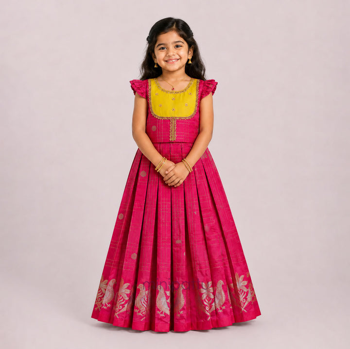 Sukriti - Pink Lemon Green Pattu Pavadai Minipattu
