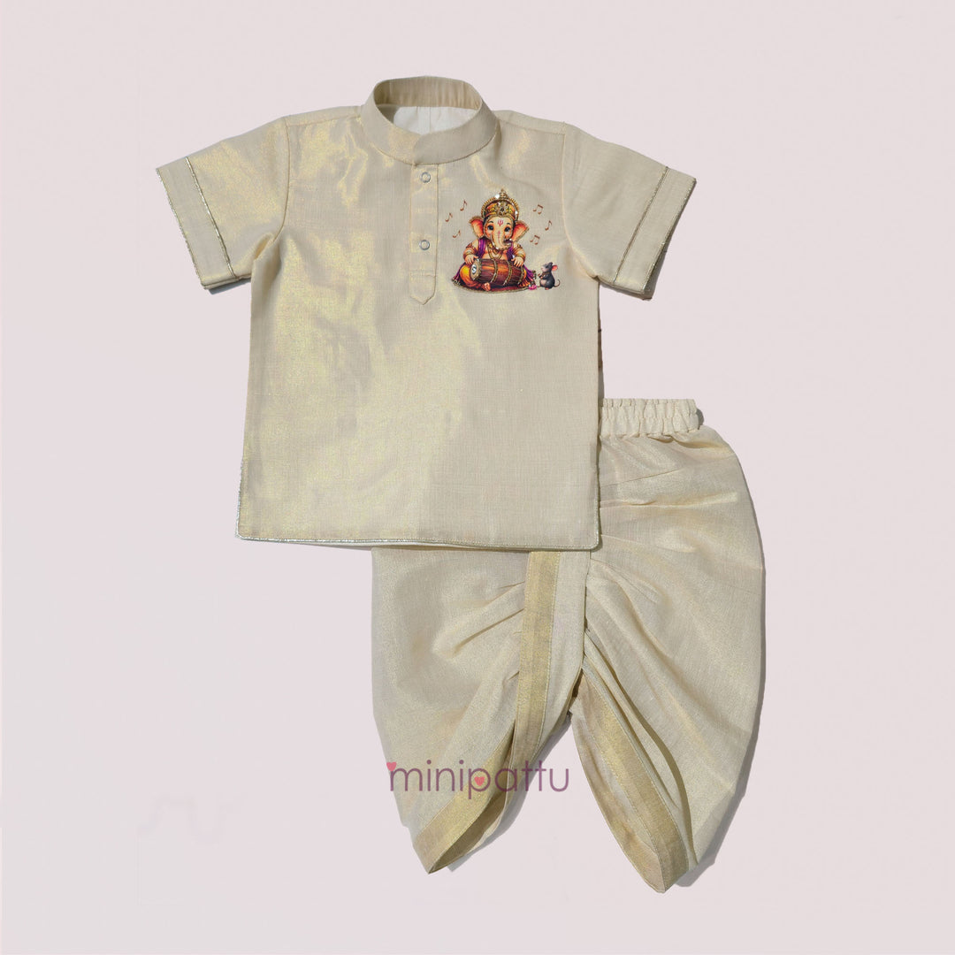 Ganesha - Halfwhite Tissue Kurta & Dhoti set