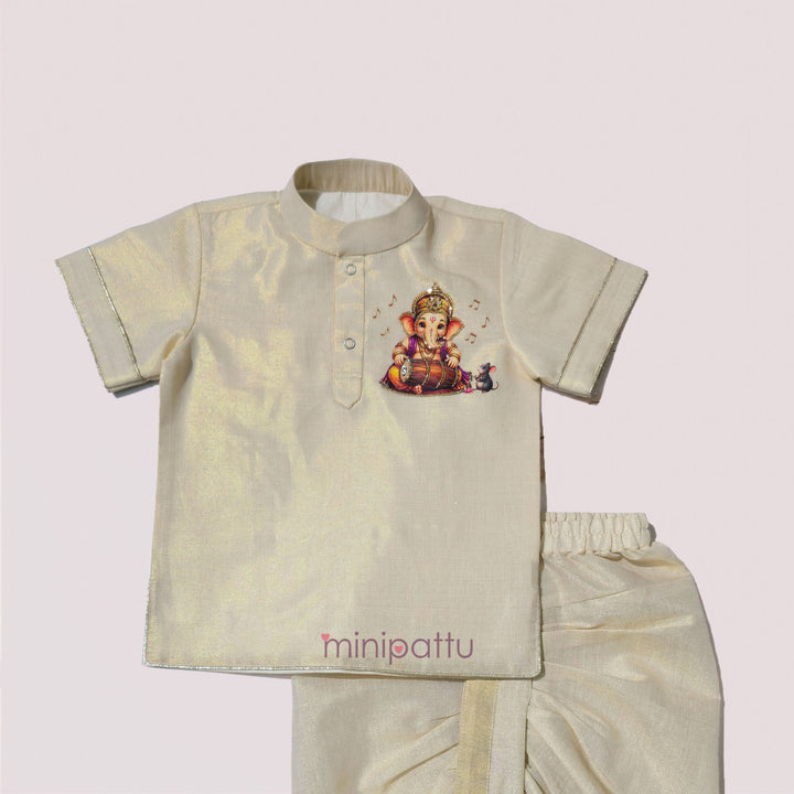 Ganesha - Halfwhite Tissue Kurta & Dhoti set
