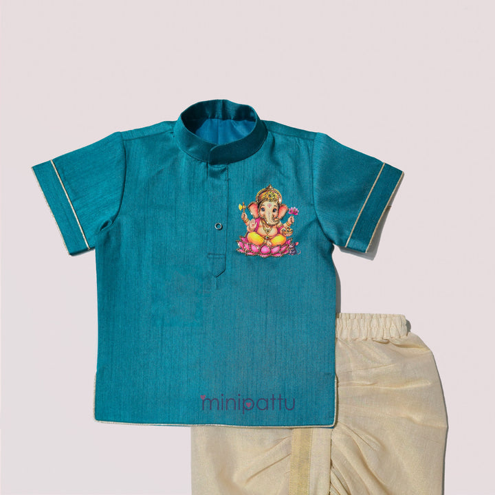 Ganesha - Teal blue Kurta & Dhoti set