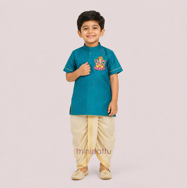 Ganesha - Teal blue Kurta & Dhoti set