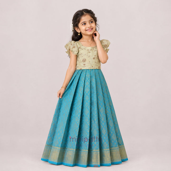 Trisha - Halfwhite Embellished Blue Pattu Pavadai Minipattu