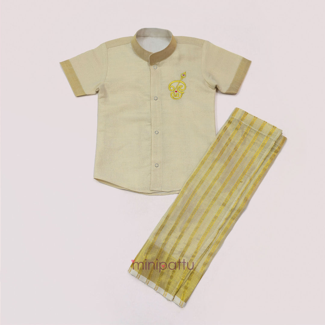 Murugan Half White Tissue Kurta Shirt & Veshti set