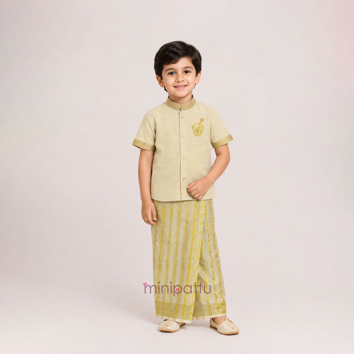 Murugan Half White Tissue Kurta Shirt & Veshti set