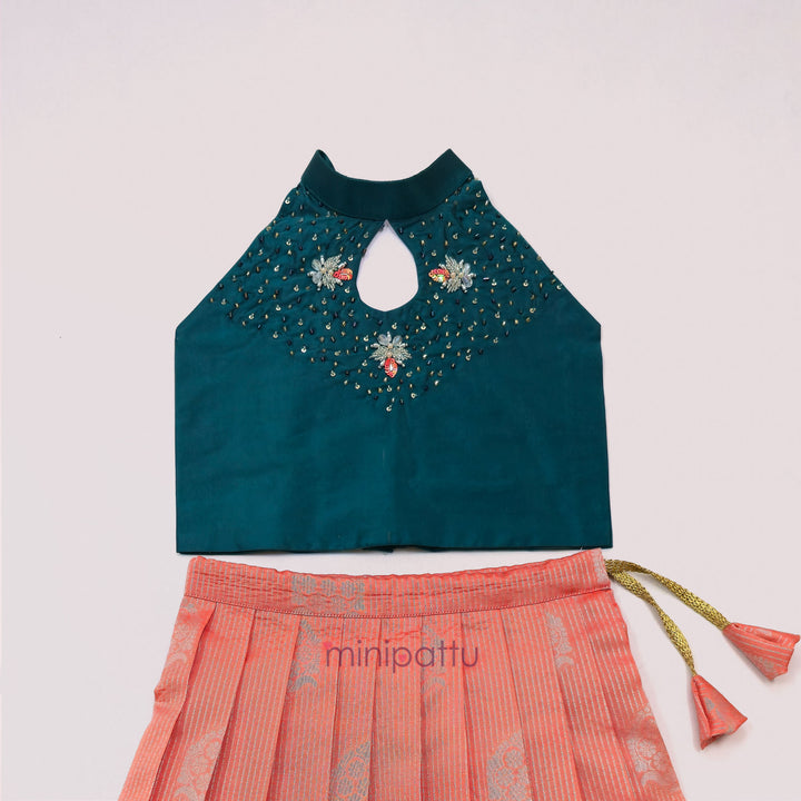 Vairah - Teal Peach Lehanga Minipattu