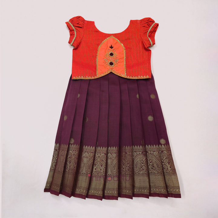 Lathika - Orange Burgundy Pattu Pavadai Minipattu