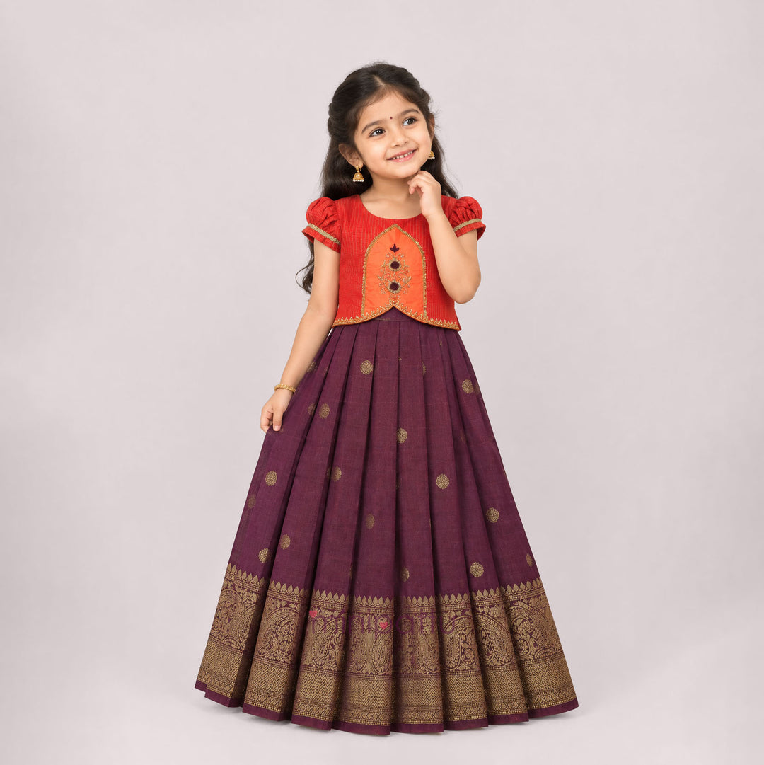 Lathika - Orange Burgundy Pattu Pavadai Minipattu