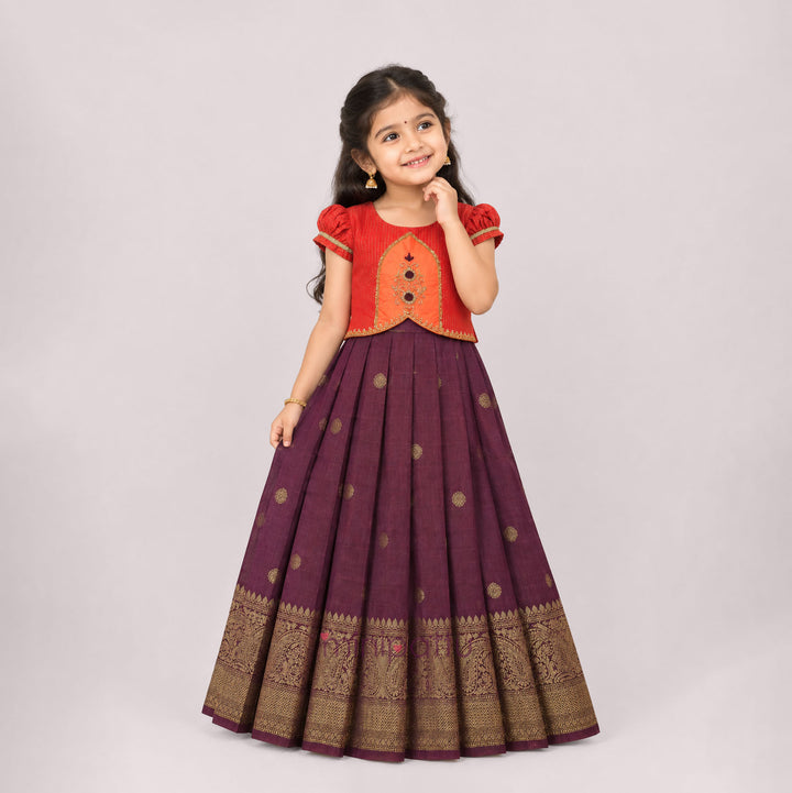 Lathika - Orange Burgundy Pattu Pavadai Minipattu