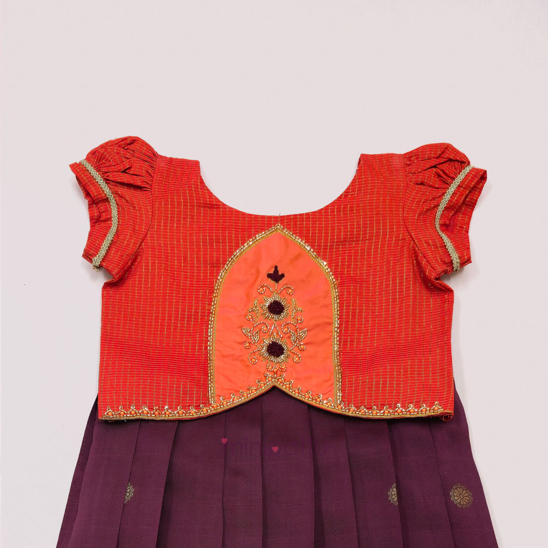 Lathika - Orange Burgundy Pattu Pavadai Minipattu
