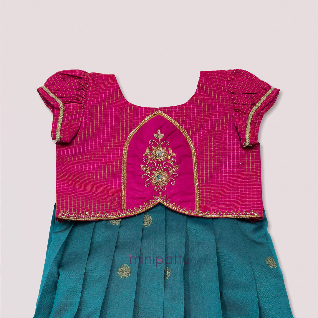 Lathika - Pink Teal Pattu Pavadai Minipattu