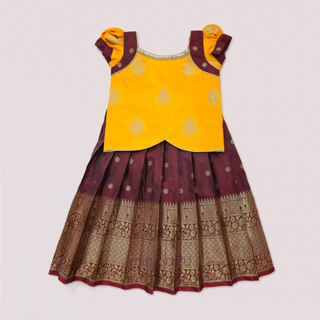 Damini - Yellow  Maroon Pattu Pavadai Minipattu