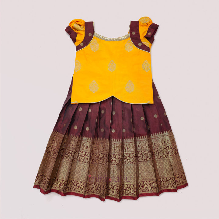 Damini - Yellow  Maroon Pattu Pavadai Minipattu