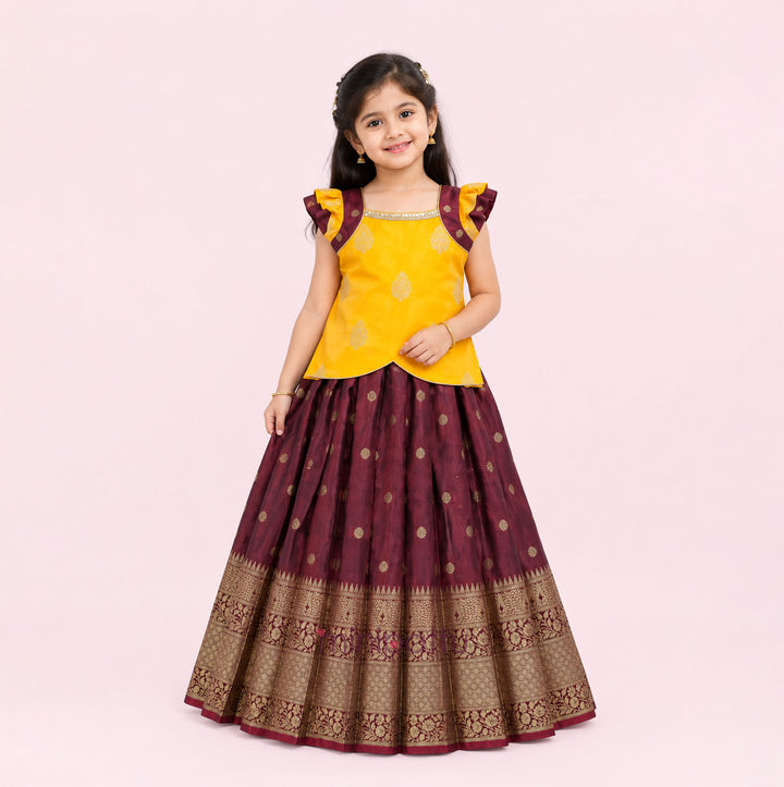 Damini - Yellow  Maroon Pattu Pavadai Minipattu