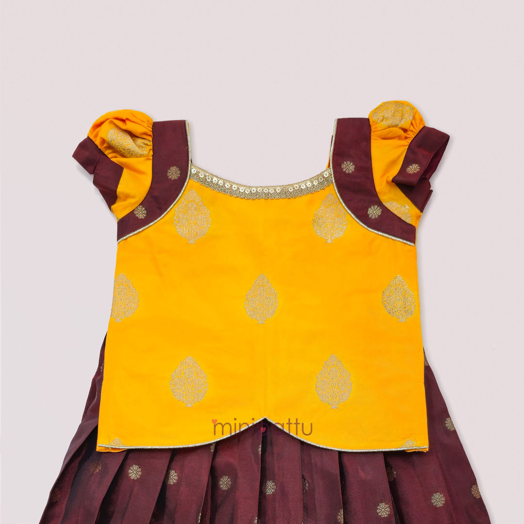 Damini - Yellow  Maroon Pattu Pavadai Minipattu
