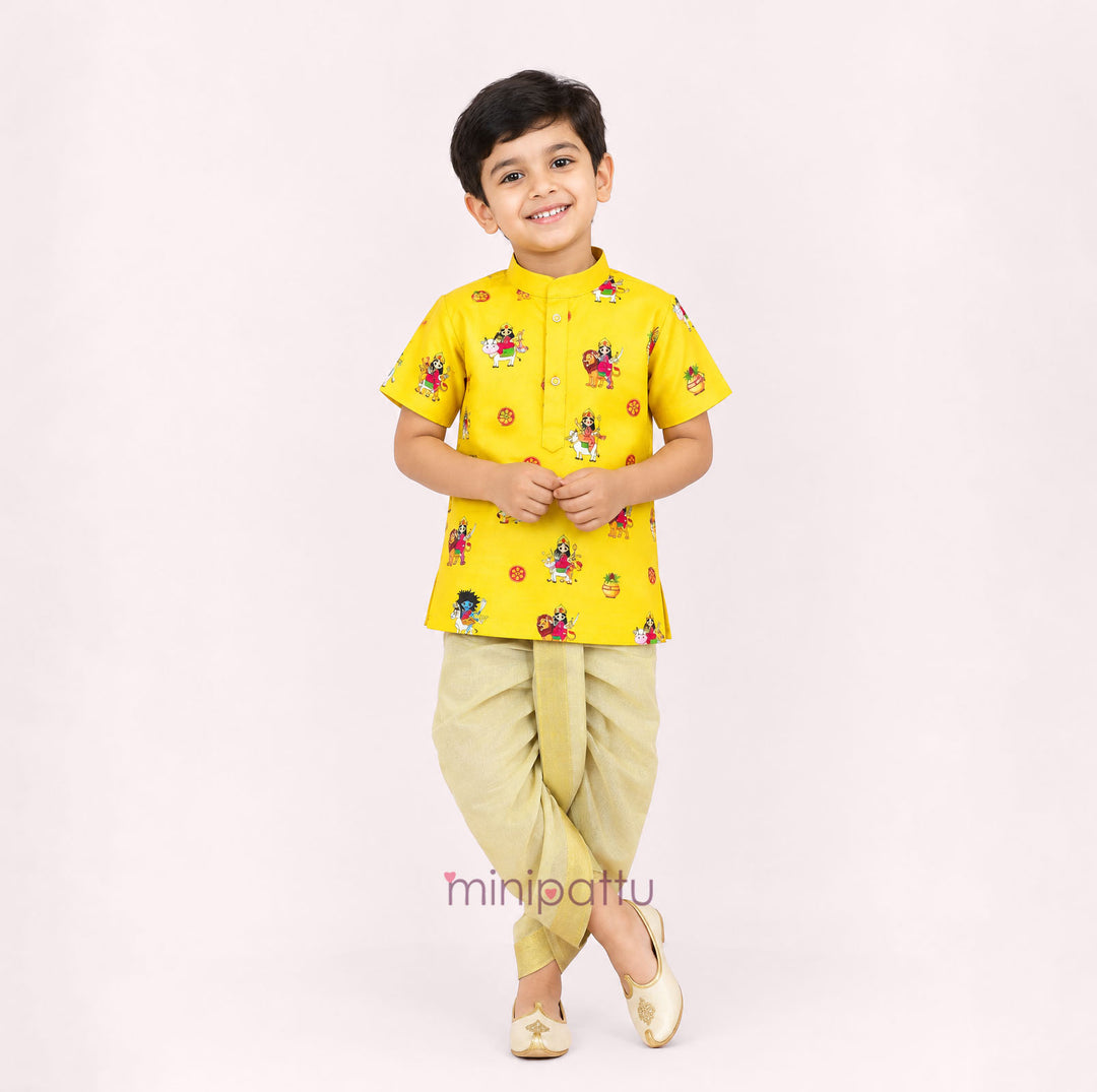 Navadurga Yellow Printed Kurta & Dhothi set