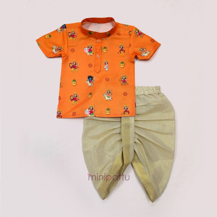 Navadurga Orange Printed Kurta & Dhothi set