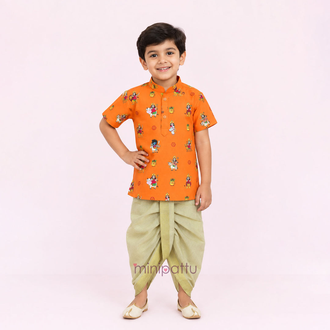 Navadurga Orange Printed Kurta & Dhothi set
